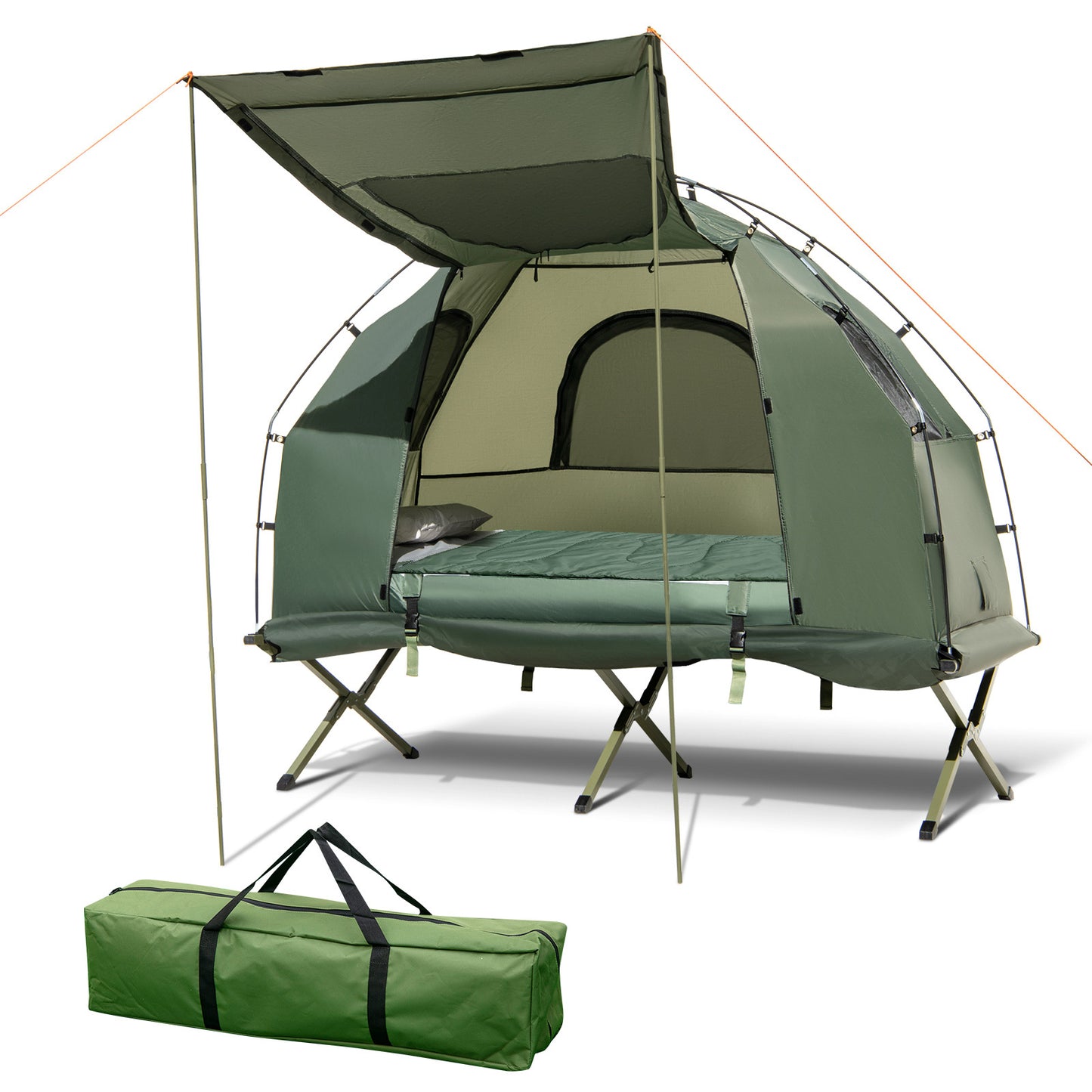 GYMAX 5-in-1 Portable Camping Tent Cot with Air Mattress Pillow Sleeping Bag Elevated Outdoor Shelter for One Person - Jimmys Supplies