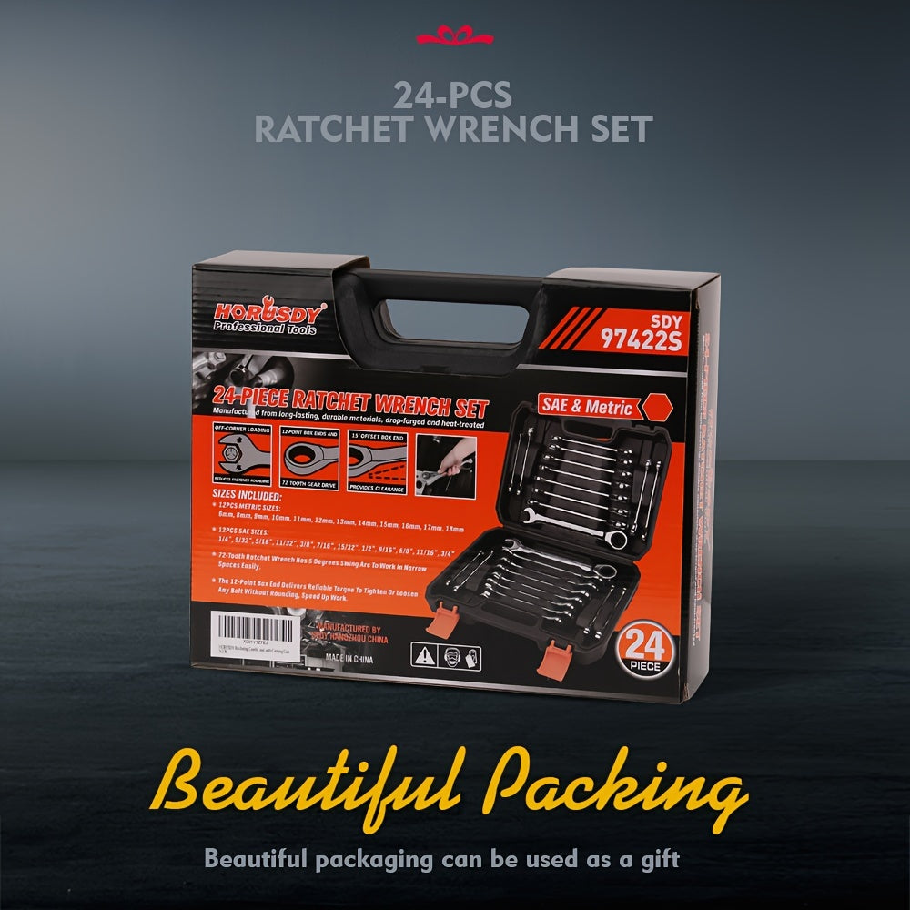 Horusdy 24 Piece Ratcheting Wrench Set Metric And SAE Ratchet Combination Wrenches Set with Organizer 72 Teeth Chrome Vanadium Steel 6 to 18 Millimeter and 1/4 to 3/4 Inch - Jimmys Supplies