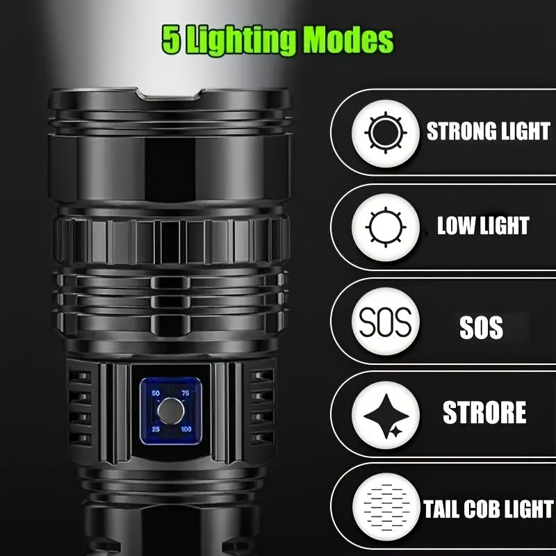 1 Piece Outdoor Super Bright LED Flashlight Rechargeable Home Strong Handheld Flashlight With COB Tail Light Multiple Lighting Modes Suitable For Camping Maintenance Fishing Emergency Situations Outdoor Activity Lighting - Jimmys Supplies