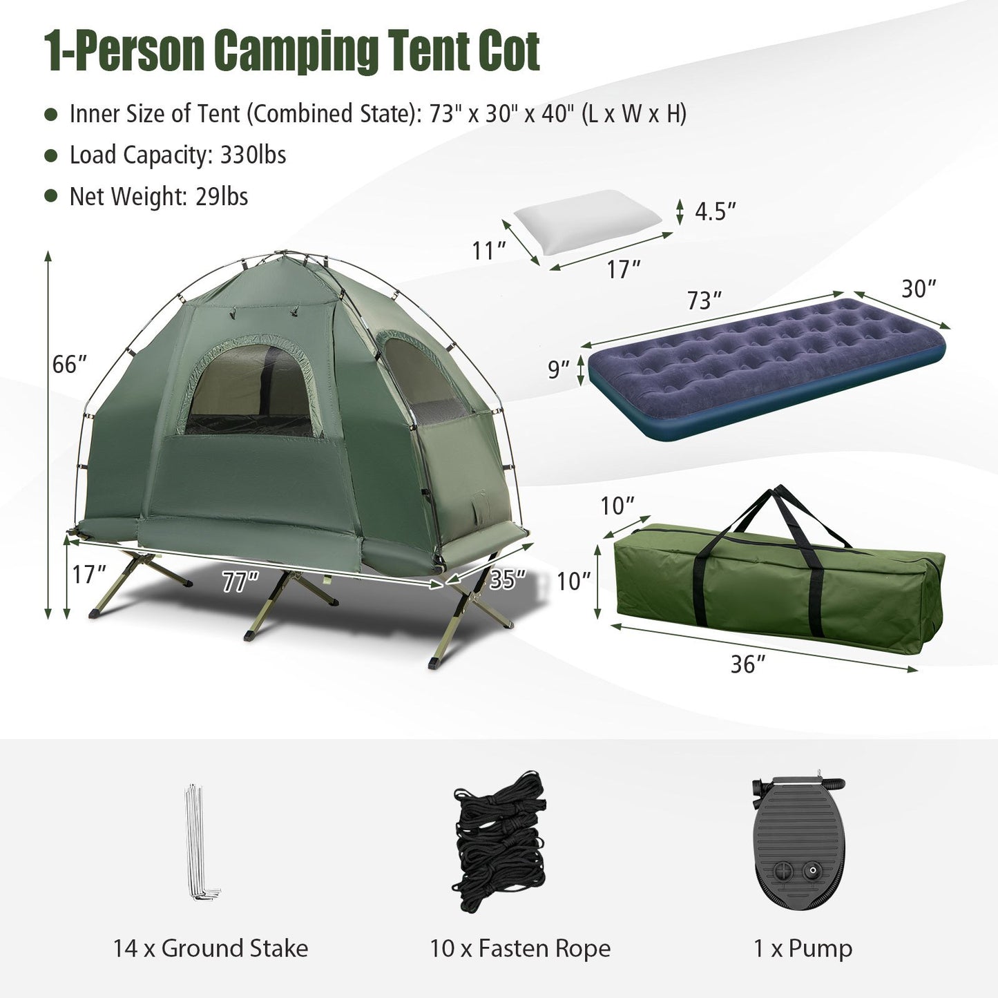 GYMAX 5-in-1 Portable Camping Tent Cot with Air Mattress Pillow Sleeping Bag Elevated Outdoor Shelter for One Person - Jimmys Supplies