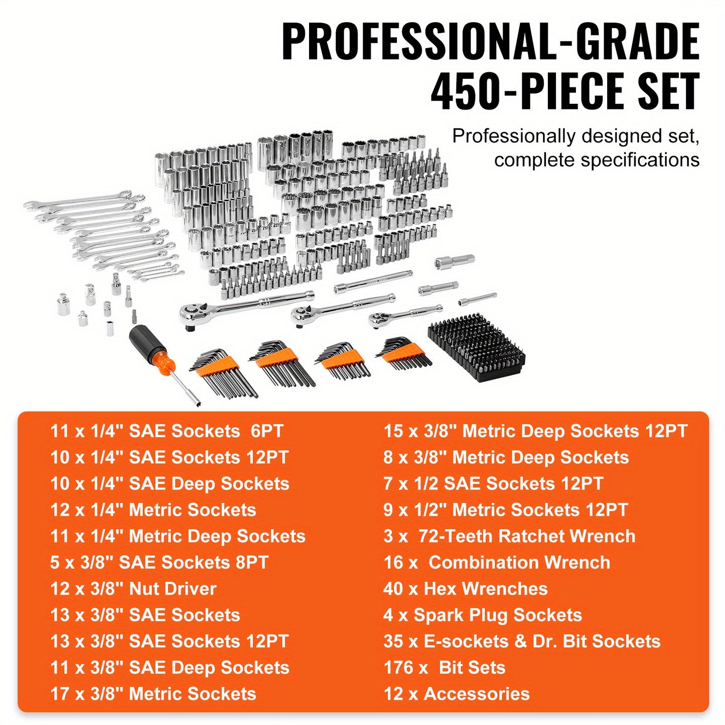 450 Pieces Mechanics Tool Set 1/4 Inch 3/8 Inch 1/2 Inch Drive SAE and Metric Kit Happybuy Socket Set with Deep and Standard Sockets Bits Hex Wrenches Combo Wrench Accessories Storage Case - Jimmys Supplies