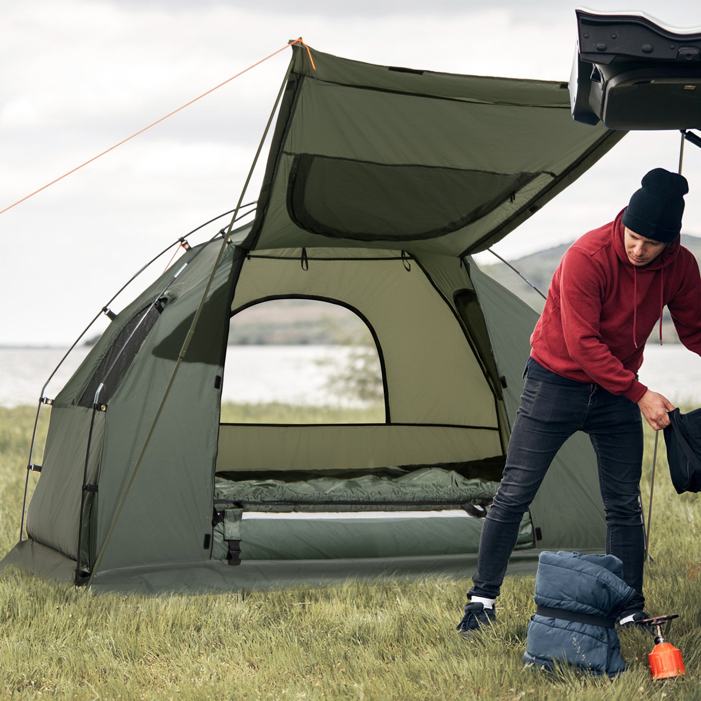 GYMAX 5-in-1 Portable Camping Tent Cot with Air Mattress Pillow Sleeping Bag Elevated Outdoor Shelter for One Person - Jimmys Supplies