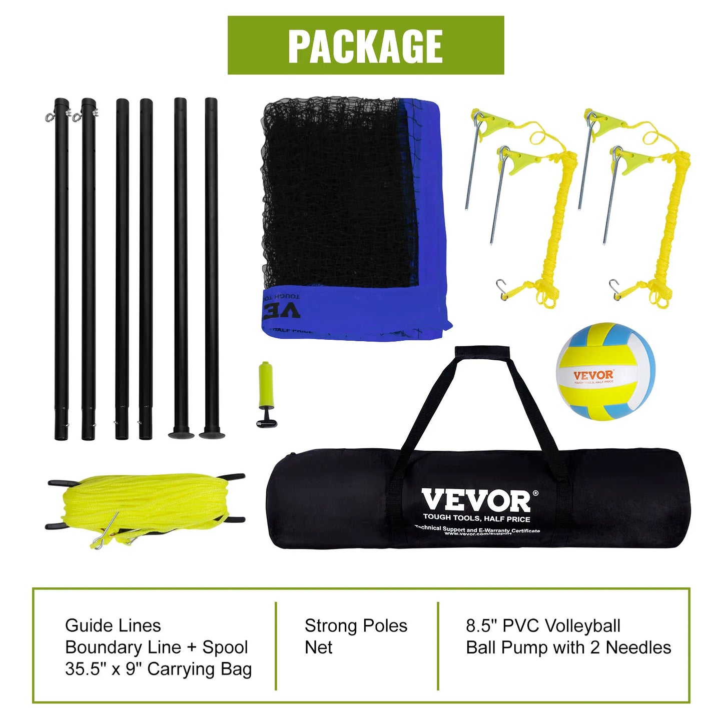 SucceBuy Outdoor Volleyball Net System Adjustable Height Steel Poles with PVC Volleyball Pump Carrying Bag for Beach Lawn