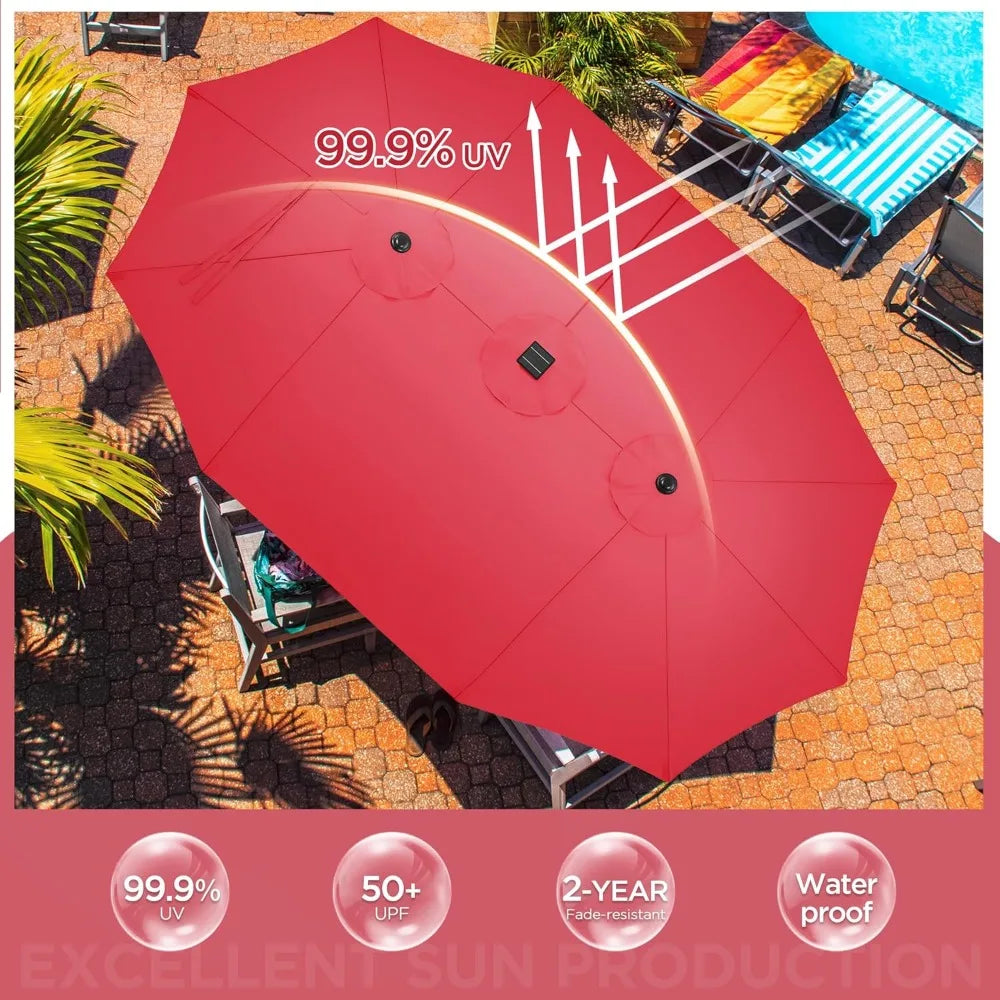 13 ft Large Patio Umbrella with Solar Lights Double-Sided Outdoor Rectangle Market Umbrellas with 36 LED Lights/Base Included/E