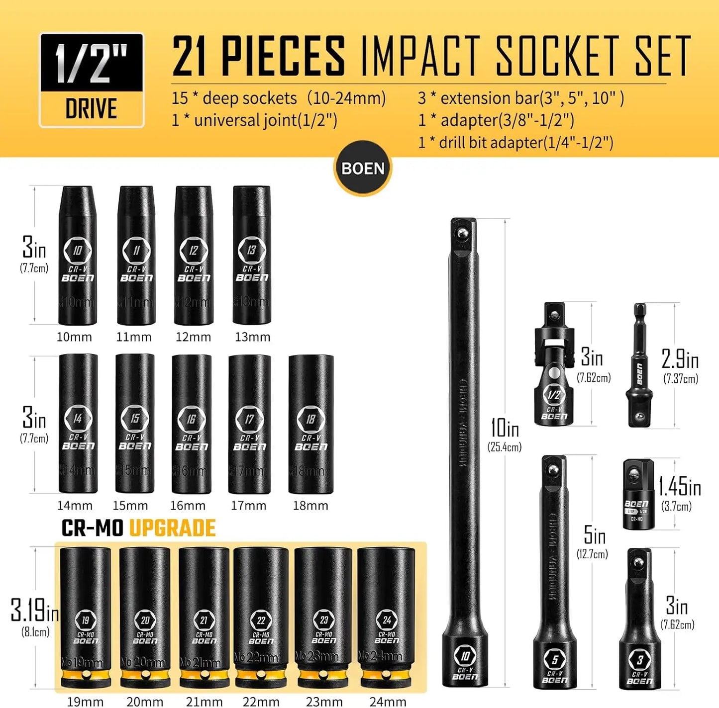 BOEN Pro 1/2 Drive Metric Deep Impact Socket Set 21-Piece CR-MO & CR-V Steel - Jimmys Supplies