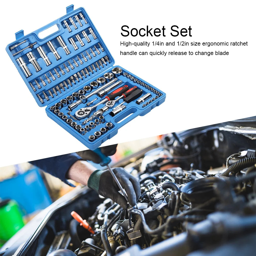 108Pcs Ratchet Wrench Set 1/4in 1/2in CR40 Steel Socket Set Tool Case Box Hand Tool Kits