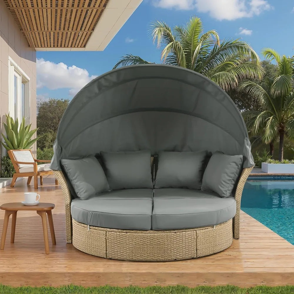 Outdoor Canopy Bed Patio Daybed with 4 Pillows, Wicker Rattan Double Daybed Round Sofa Furniture Set with Retractable Canopy