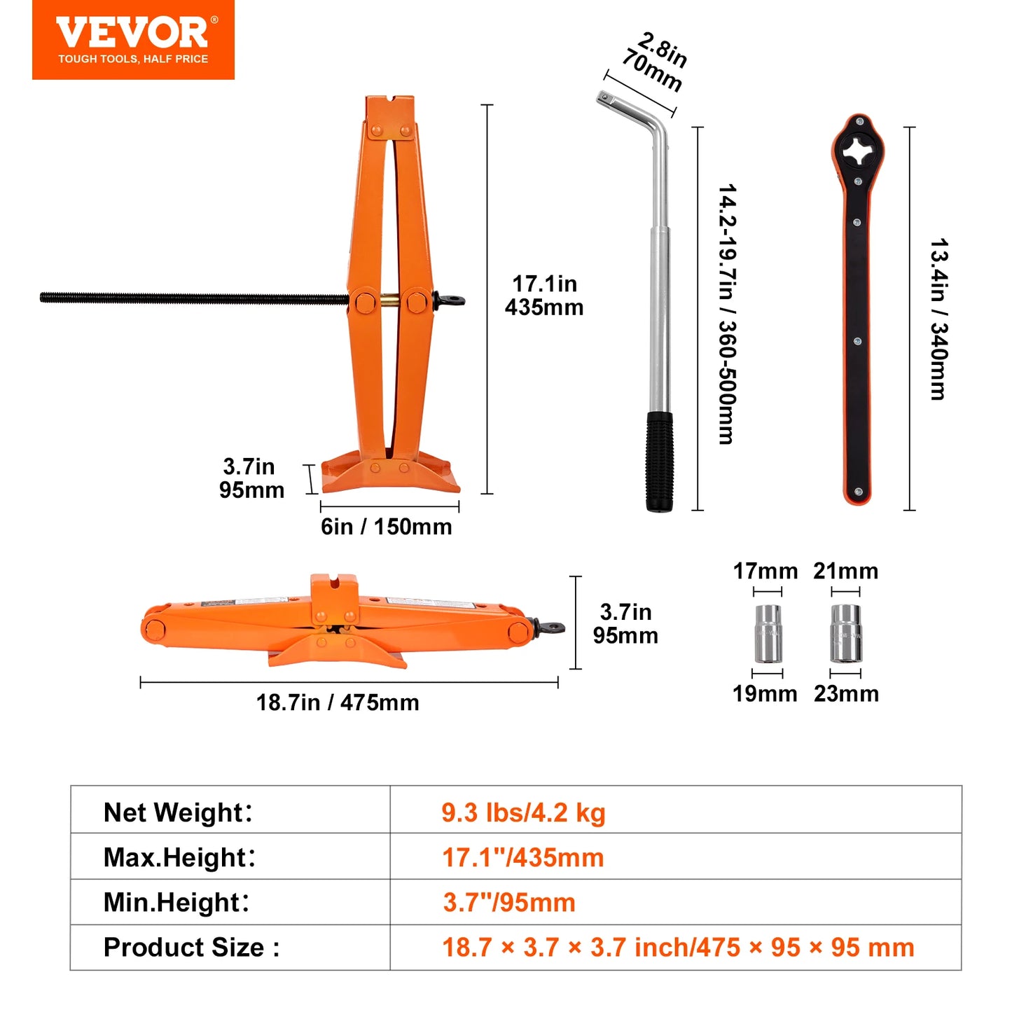 VEVOR Scissor Jack 2.5 Ton Lifting Range 3.7"-17.1" Portable - Jimmys Supplies