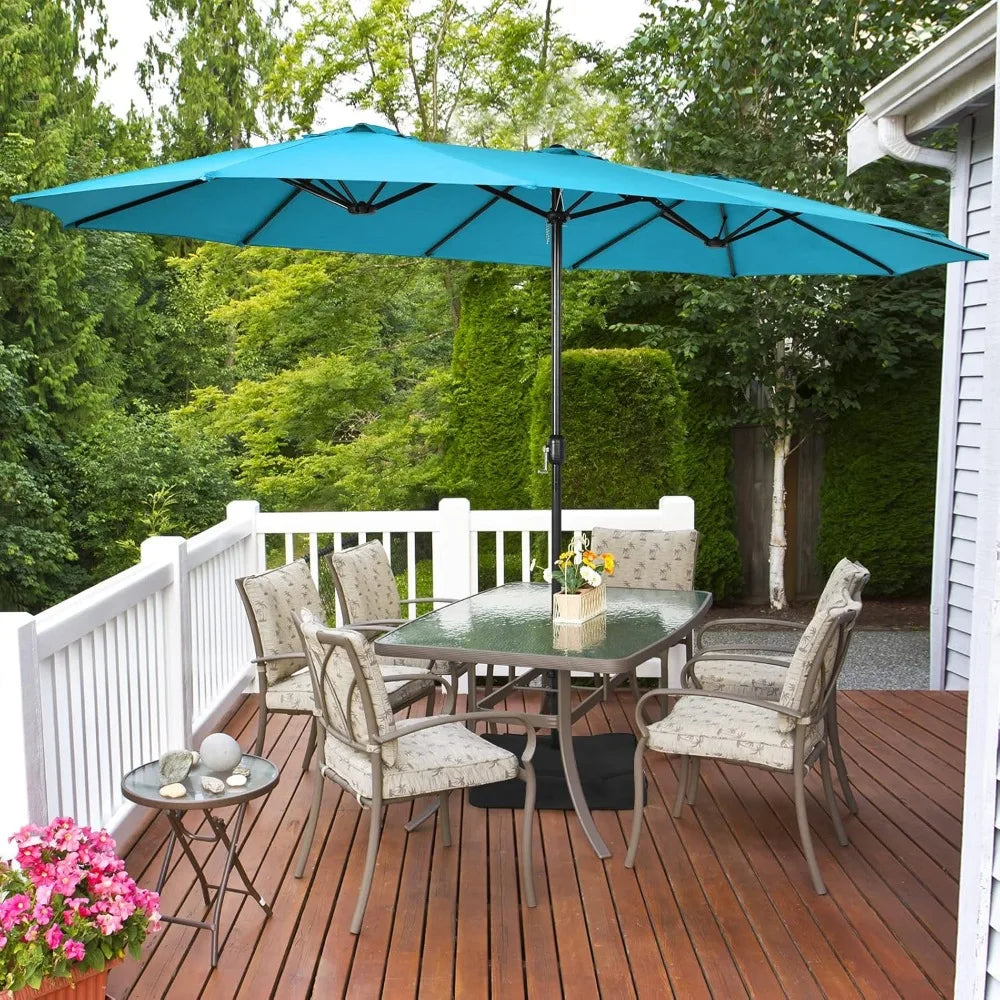 15FT Double-Sided Patio Umbrella with Base, Extra-Large Market Umbrella W/Crank System, Outdoor Twin Umbrella