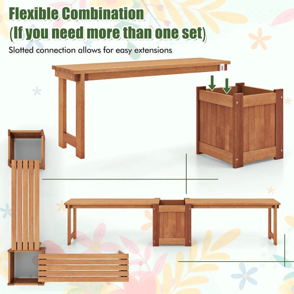 Set of 2 Outdoor Bench with Raised Garden Beds, 4-in-1 Wood Seat with Teak Oil Finish, Planter Boxes with Open-Ended Base, Gard