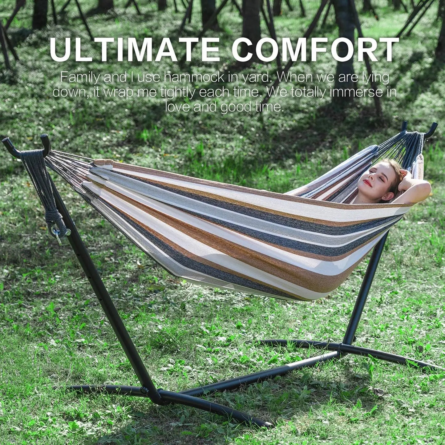 Double Hammocks with Stand for Outside, Portable Space Saving Heavy-Duty Steel Stand for Indoor Outdoor Patio with Carrying Bag