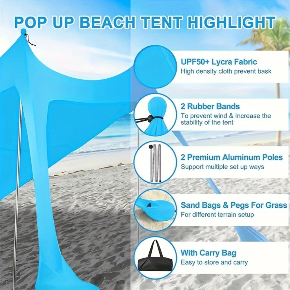 Pop-up beach tent Sunshade UPF50+ with ground nails and stabilizer poles, outdoor sunshade tent for camping trips, fishing, back - Jimmys Supplies