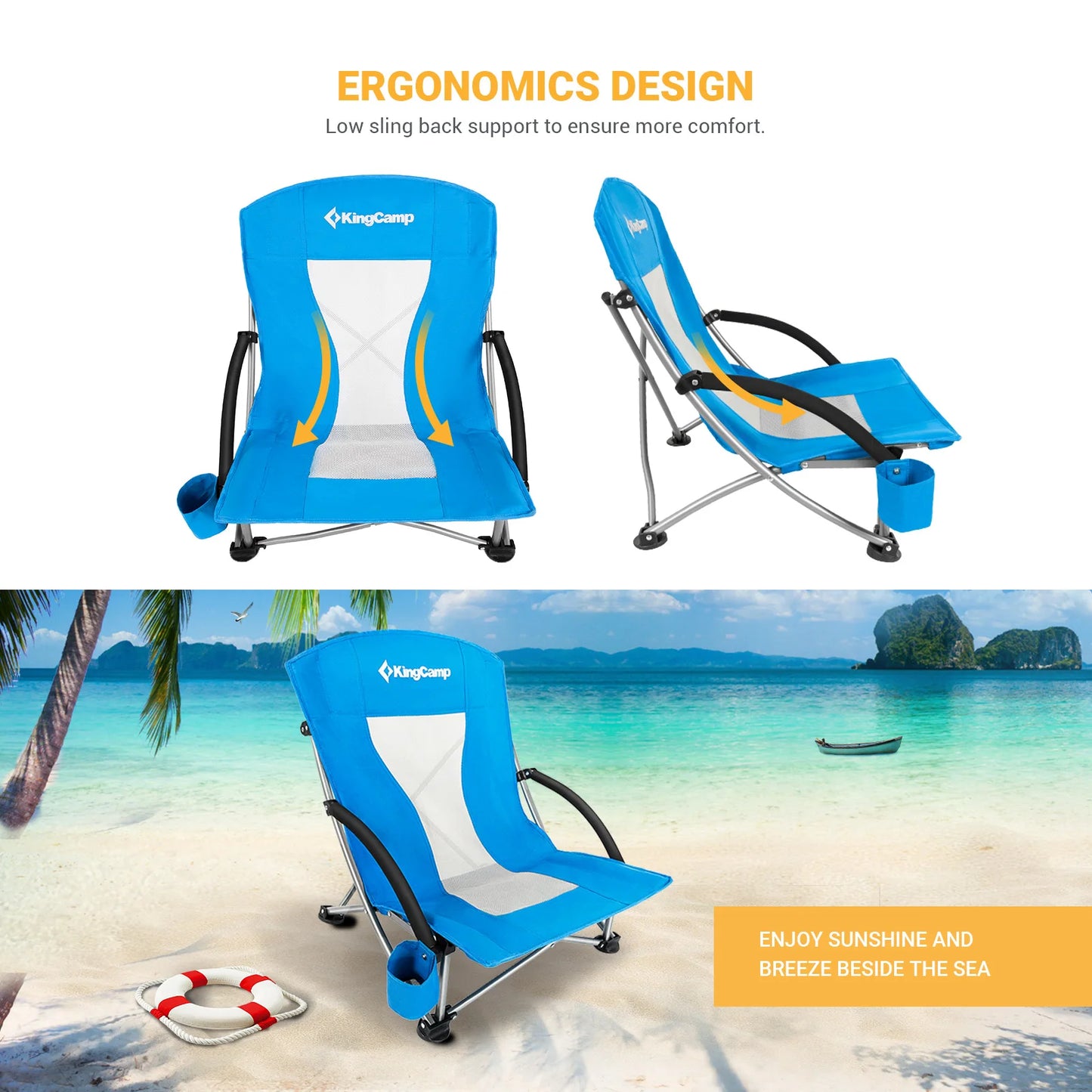 KingCamp 2 Low Seat Beach Chair Folding Chairs, Camping Concert, with Armrests and Cup Holder - Jimmys Supplies