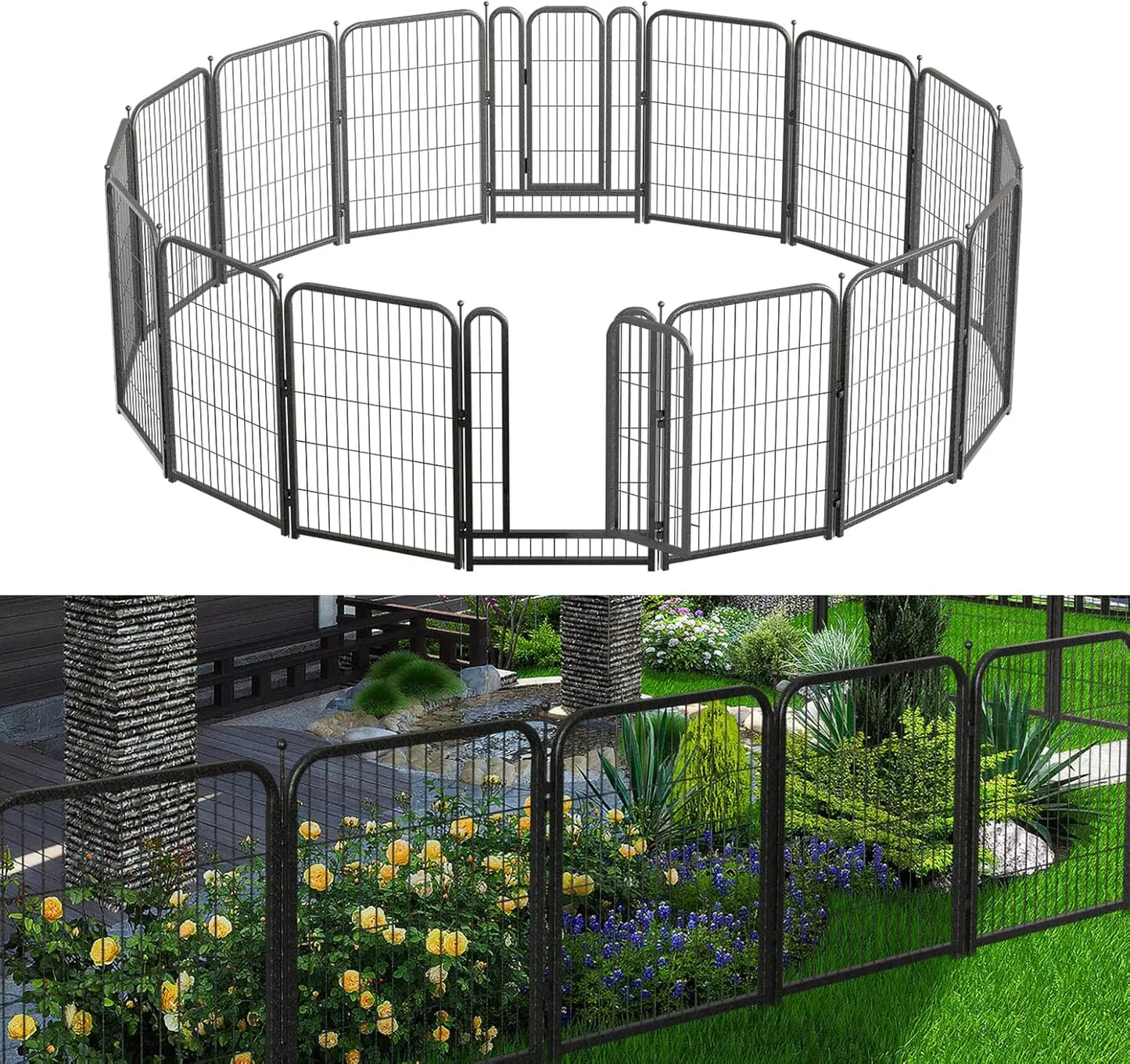 Decorative Garden Metal Fence 36ft (L)×40in (H) with 14 Panels 2 Gate Outdoor, No Dig Rustproof Wire, Animal Barrier Fencing for - Jimmys Supplies