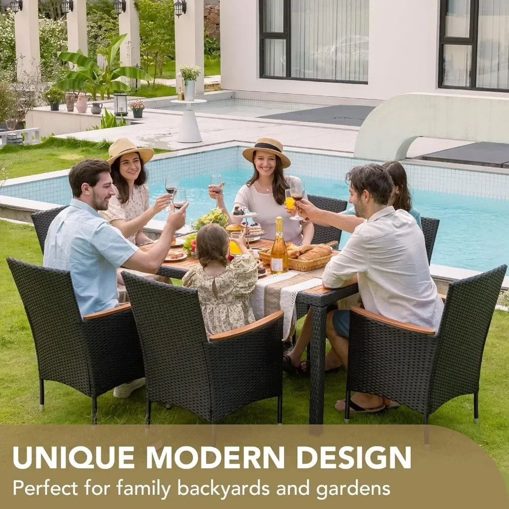 Dining 7 PCS Furniture, Patio Conversation Set with Acacia Wood Table Top, Rattan Outdoor - Jimmys Supplies