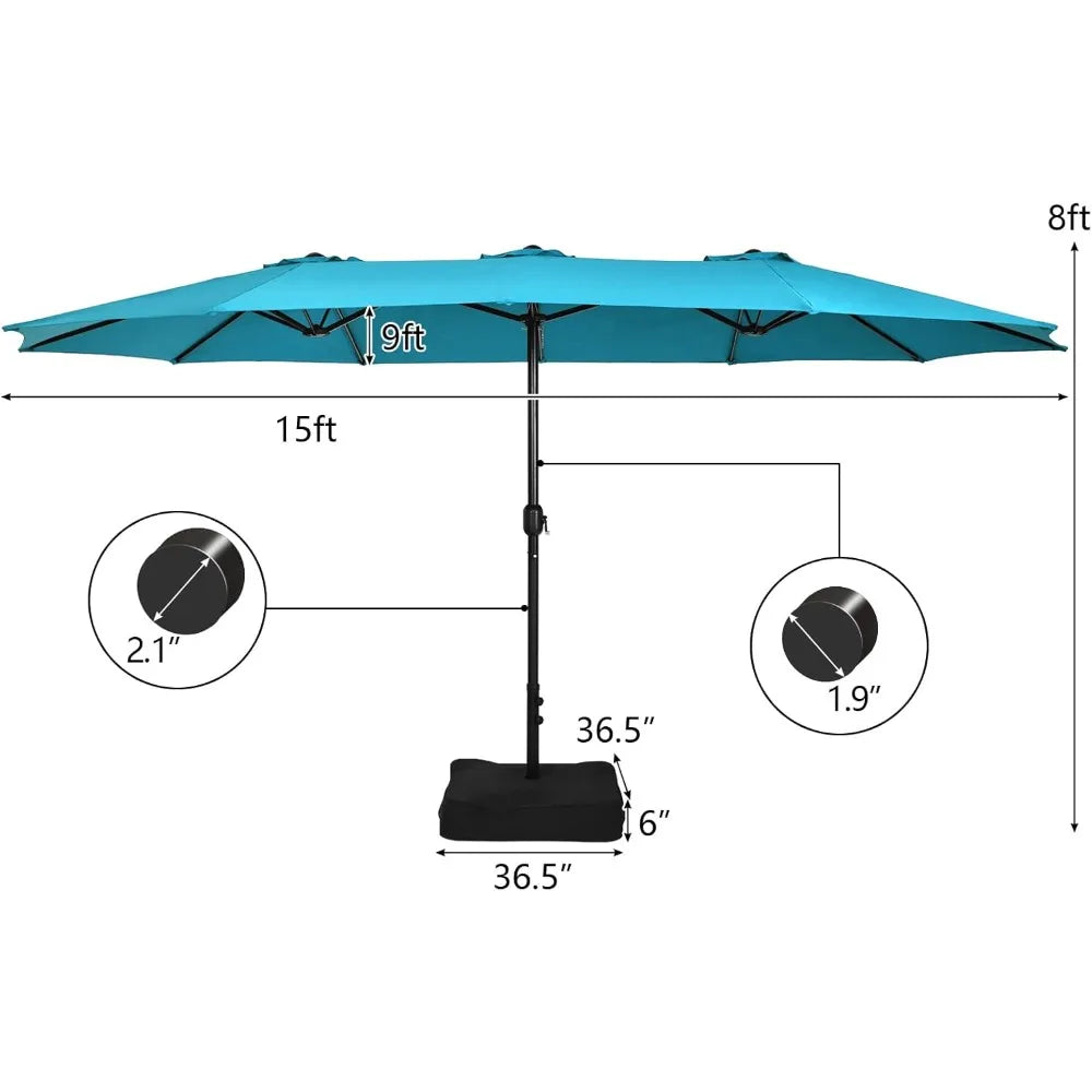 15FT Double-Sided Patio Umbrella with Base, Extra-Large Market Umbrella W/Crank System, Outdoor Twin Umbrella