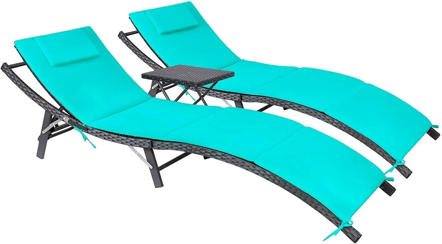 Patio Chaise Lounge Sets Outdoor Rattan Adjustable Back 3 Pieces Cushioned Patio Folding Chaise Lounge with Folding Table - Jimmys Supplies