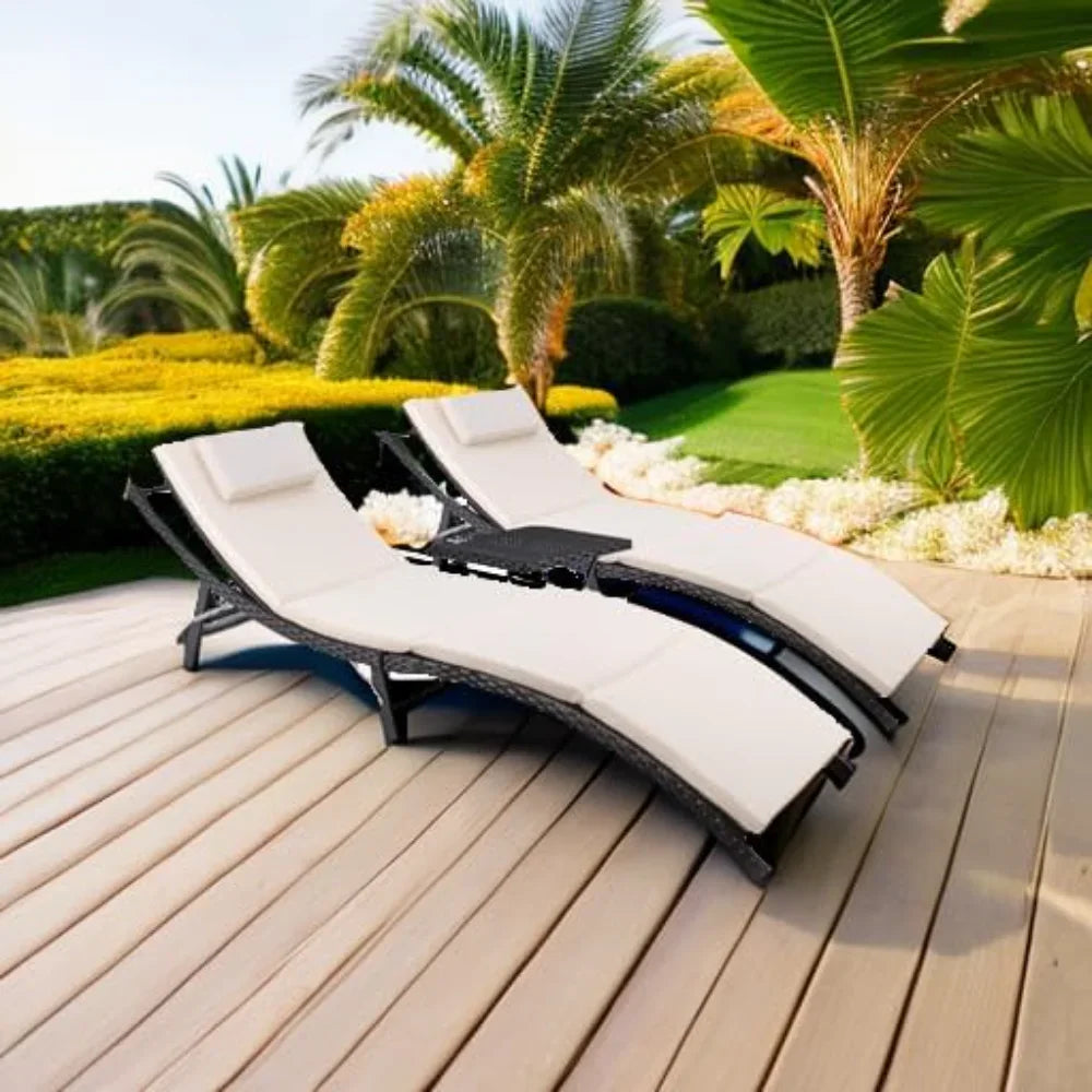 Patio Chaise Lounge Sets Outdoor Rattan Adjustable Back 3 Pieces Cushioned Patio Folding Chaise Lounge with Folding Table - Jimmys Supplies
