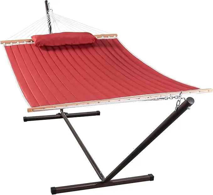 Quilted Fabric Hammock with 12 Feet Stand Double Hammock for Two People Outdoor Indoor Patio Garden - Jimmys Supplies