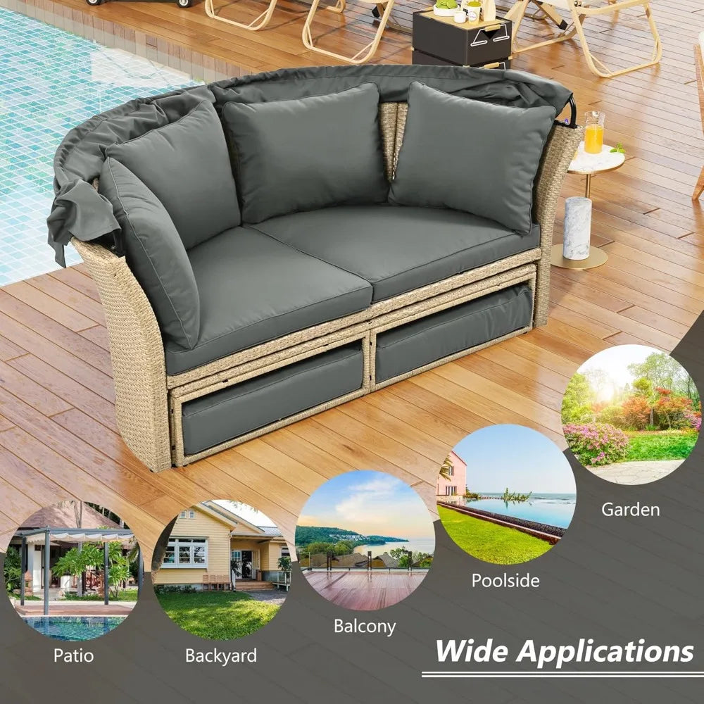 Outdoor Canopy Bed Patio Daybed with 4 Pillows, Wicker Rattan Double Daybed Round Sofa Furniture Set with Retractable Canopy
