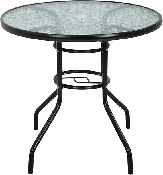 Round Outdoor Dining Table with Tempered Glass Top and Umbrella Hole for Patio, Lawn, and Balcony