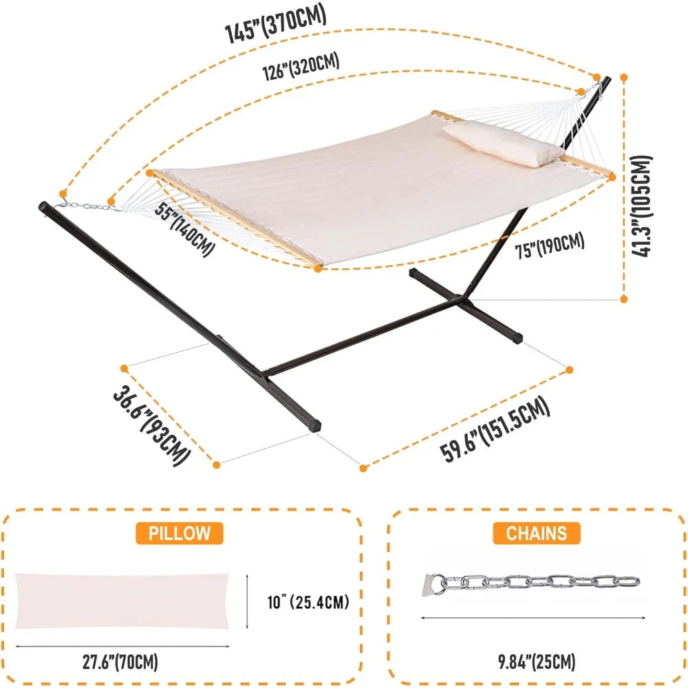 Quilted Fabric Hammock with 12 Feet Stand Double Hammock for Two People Outdoor Indoor Patio Garden - Jimmys Supplies