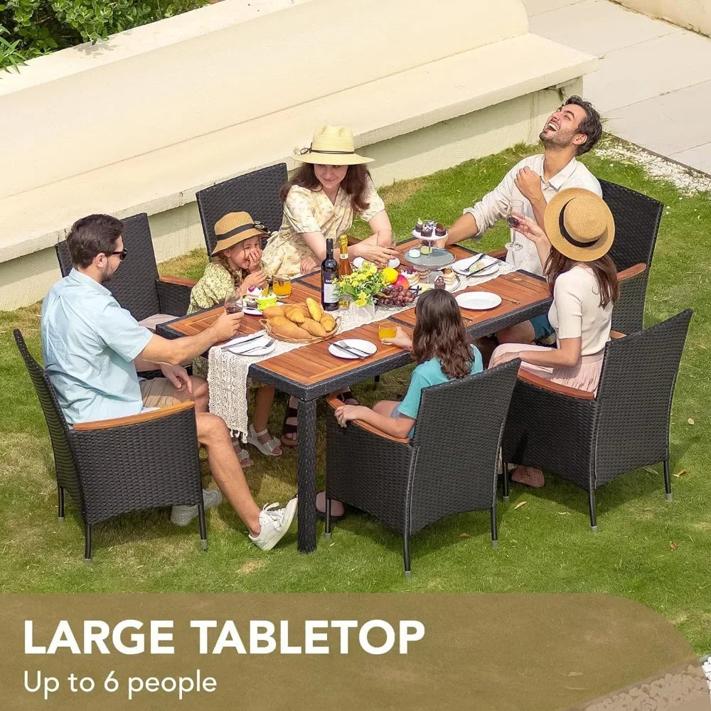 Dining 7 PCS Furniture, Patio Conversation Set with Acacia Wood Table Top, Rattan Outdoor - Jimmys Supplies