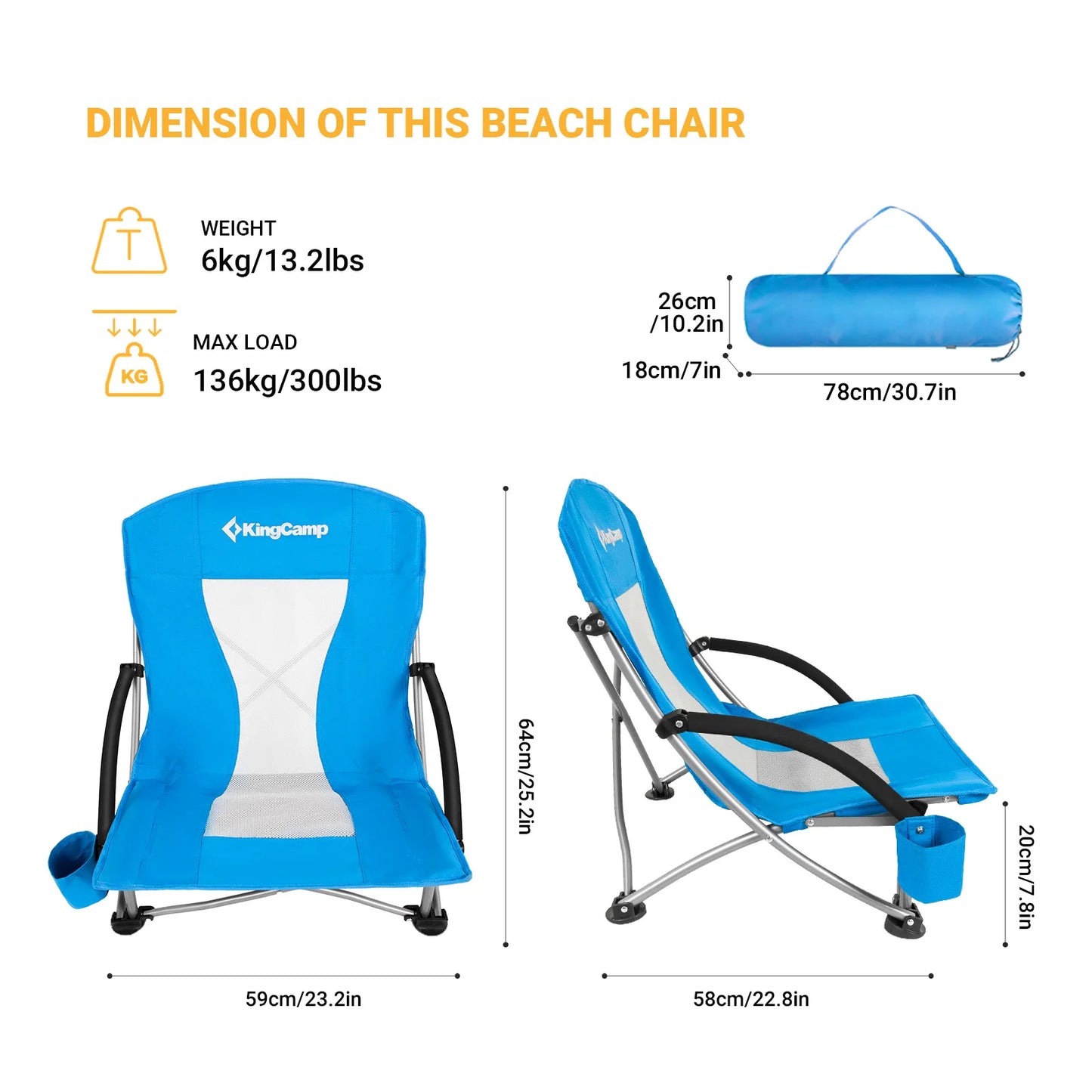 KingCamp 2 Low Seat Beach Chair Folding Chairs, Camping Concert, with Armrests and Cup Holder - Jimmys Supplies