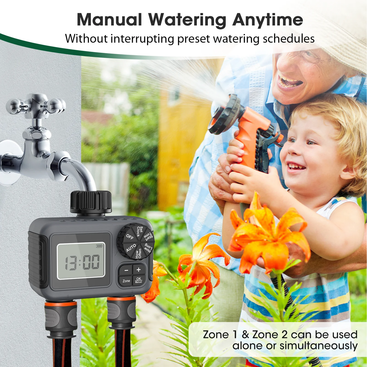 Insoma 2-Zone Sprinkler Timer Programmable Garden Hose Timer Water-Saving Irrigation Controller for Lawn Yard Drip Systems IPX5
