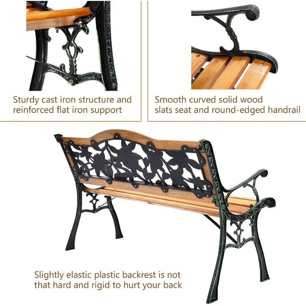 Patio Bench Outdoor Furniture Rose Cast Iron Hardwood Frame Porch Loveseat Weather Proof Porch Path Chair - Jimmys Supplies