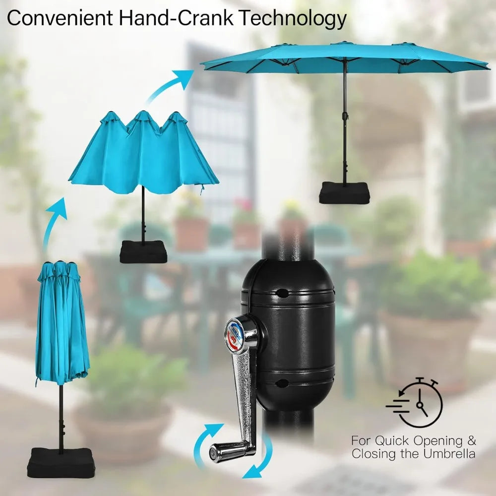 15FT Double-Sided Patio Umbrella with Base, Extra-Large Market Umbrella W/Crank System, Outdoor Twin Umbrella