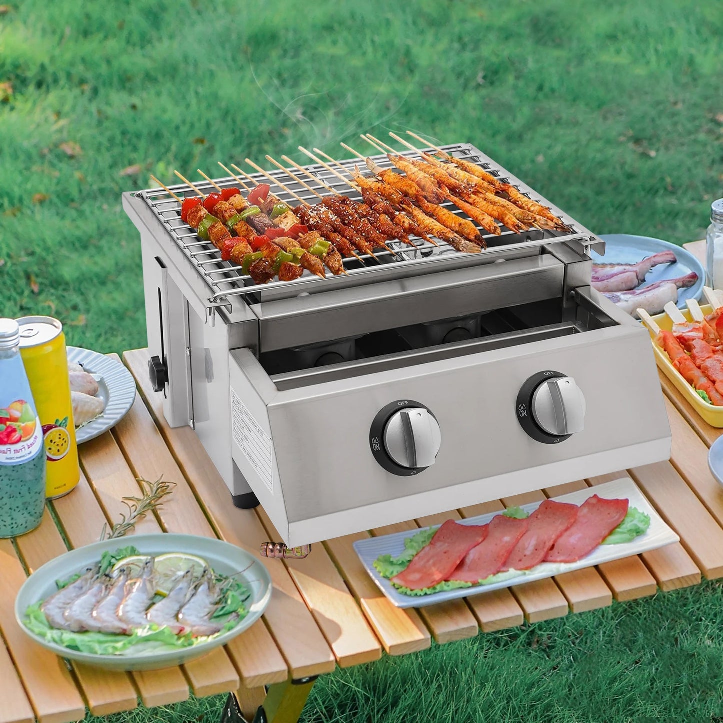 Camping BBQ Tabletop 2 Burner Gas Grill Outdoor Steel Shield Stainless Steel - Jimmys Supplies