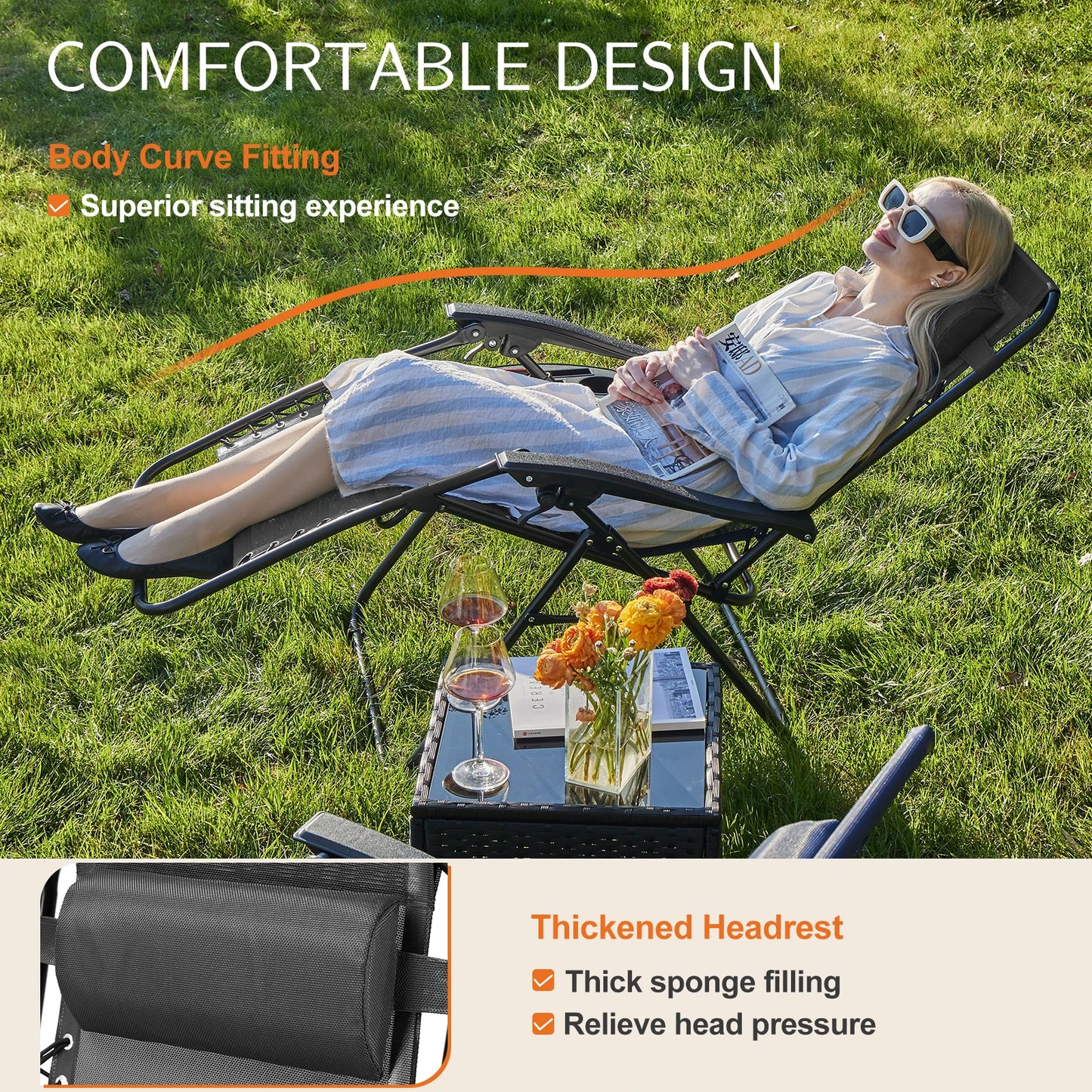 JHK Zero Gravity Set of 2 Portable Recliner Camping Patio Outdoor Garden Lounge Chair with Cup Holder Trays Adjustable Pillow - Jimmys Supplies