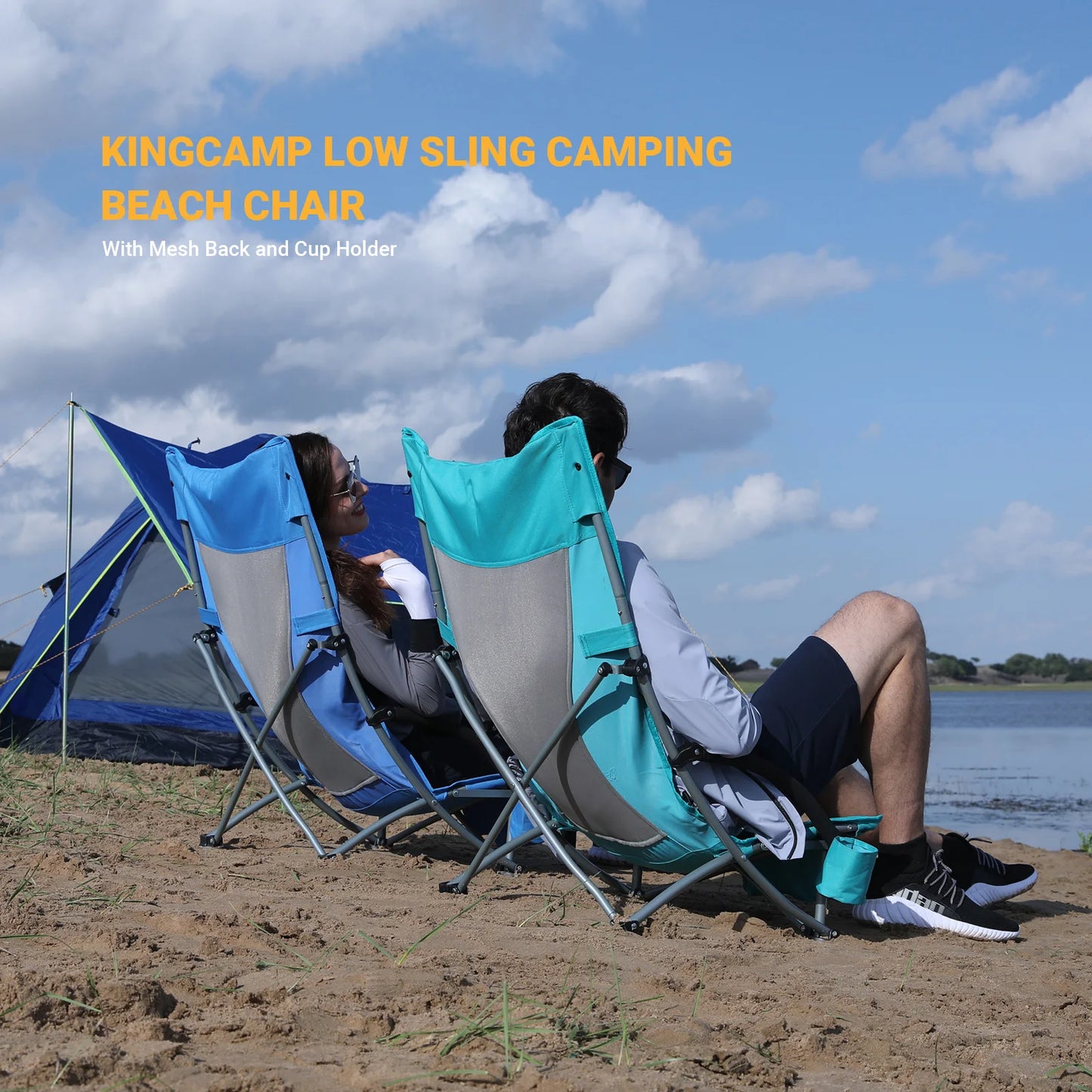KingCamp 2 Low Seat Beach Chair Folding Chairs, Camping Concert, with Armrests and Cup Holder - Jimmys Supplies