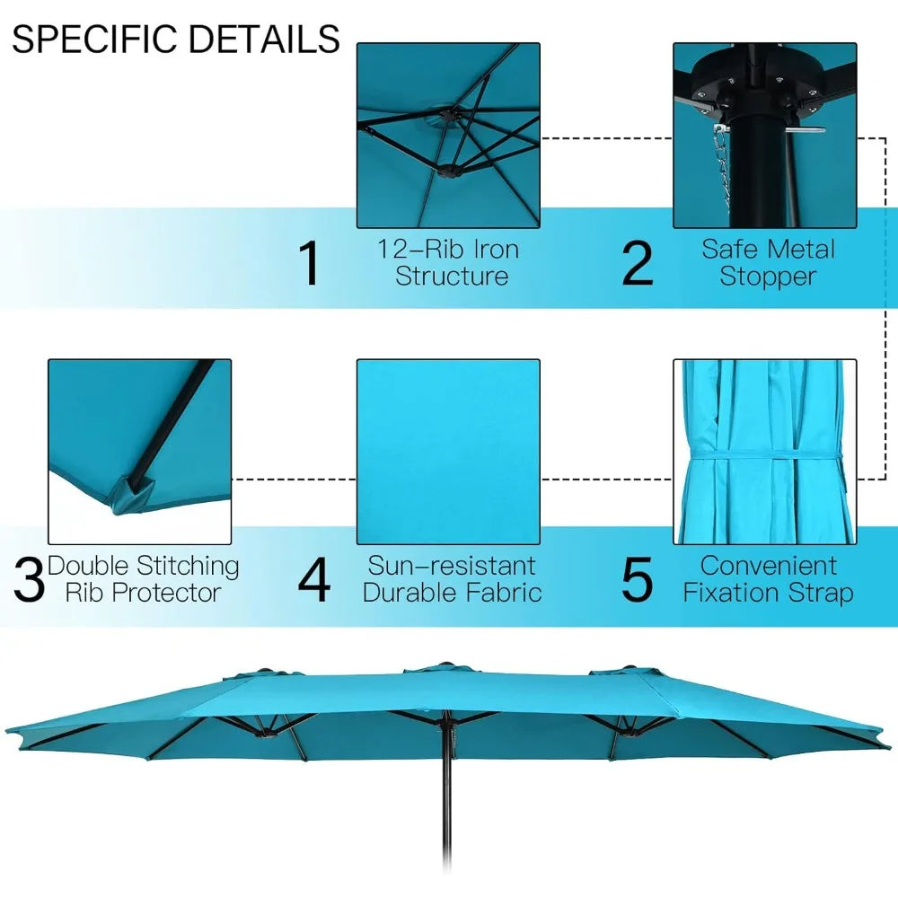 15FT Double-Sided Patio Umbrella with Base, Extra-Large Market Umbrella W/Crank System, Outdoor Twin Umbrella