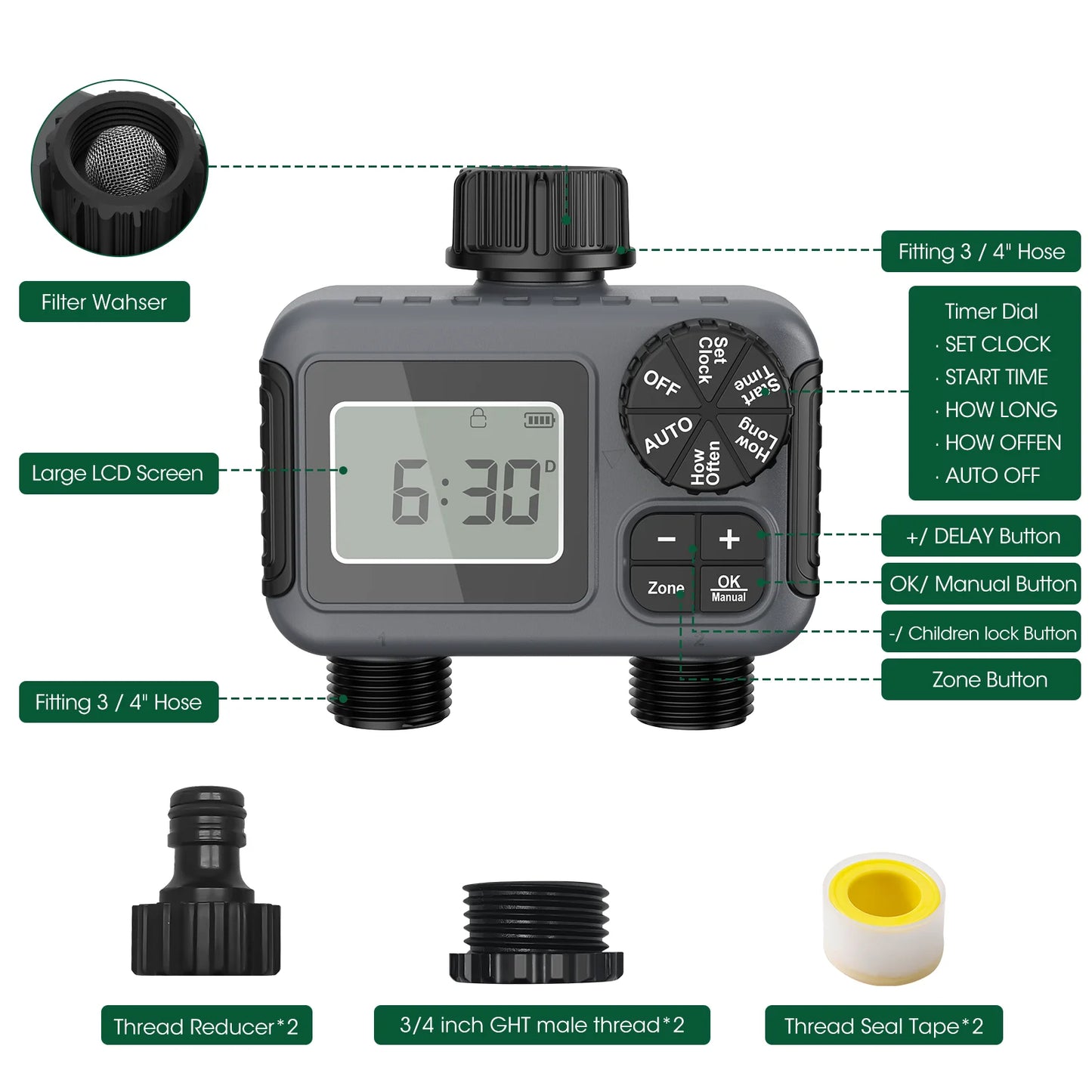 Insoma 2-Zone Sprinkler Timer Programmable Garden Hose Timer Water-Saving Irrigation Controller for Lawn Yard Drip Systems IPX5