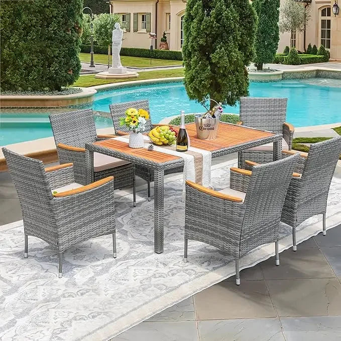 Dining 7 PCS Furniture, Patio Conversation Set with Acacia Wood Table Top, Rattan Outdoor - Jimmys Supplies