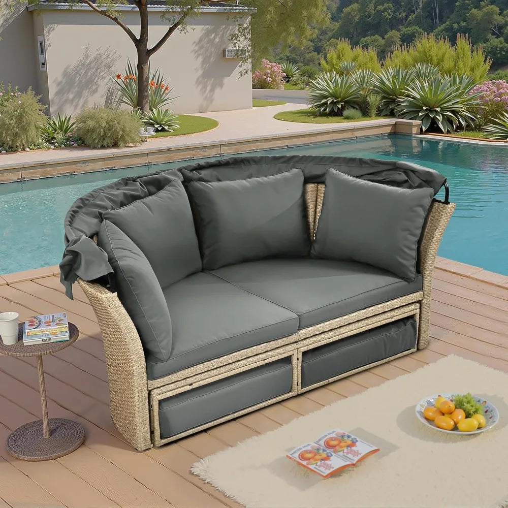 Outdoor Canopy Bed Patio Daybed with 4 Pillows, Wicker Rattan Double Daybed Round Sofa Furniture Set with Retractable Canopy