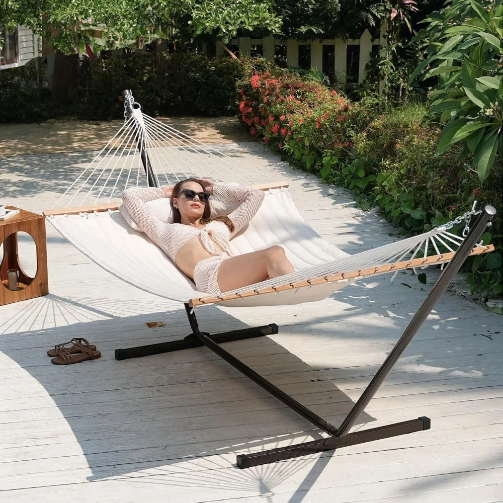 Quilted Fabric Hammock with 12 Feet Stand Double Hammock for Two People Indoor Outdoor Patio Garden - Jimmys Supplies
