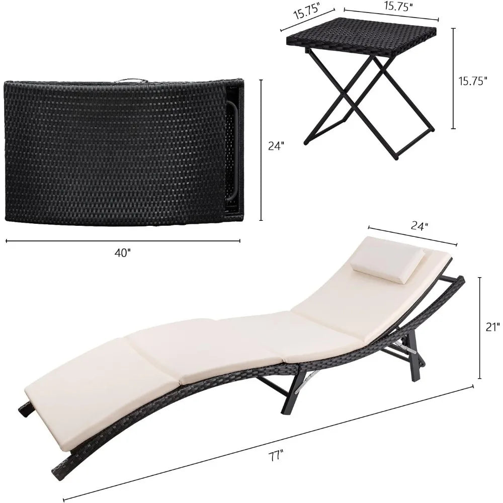 Patio Chaise Lounge Sets Outdoor Rattan Adjustable Back Cushioned Patio Folding Chaise Lounge with Folding Table - Jimmys Supplies