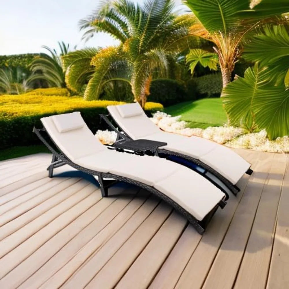 Patio Chaise Lounge Sets Outdoor Rattan Adjustable Back Cushioned Patio Folding Chaise Lounge with Folding Table - Jimmys Supplies