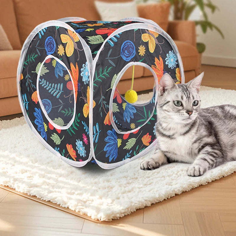 Funny Cat Toy Foldable Cat Channel Personalized Flowers Printed Pet Tunnel Toys Kitten Interactive Chase Toy Pet Supplies - Jimmys Supplies
