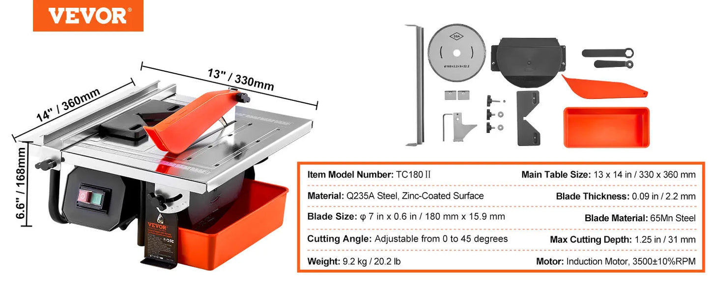 VEVOR Wet Tile Saw 7 Inch with 65Mn Steel Blade and Motor - Jimmys Supplies