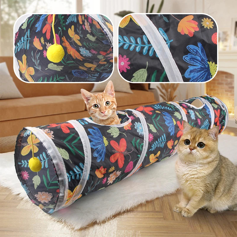 Funny Cat Toy Foldable Cat Channel Personalized Flowers Printed Pet Tunnel Toys Kitten Interactive Chase Toy Pet Supplies - Jimmys Supplies