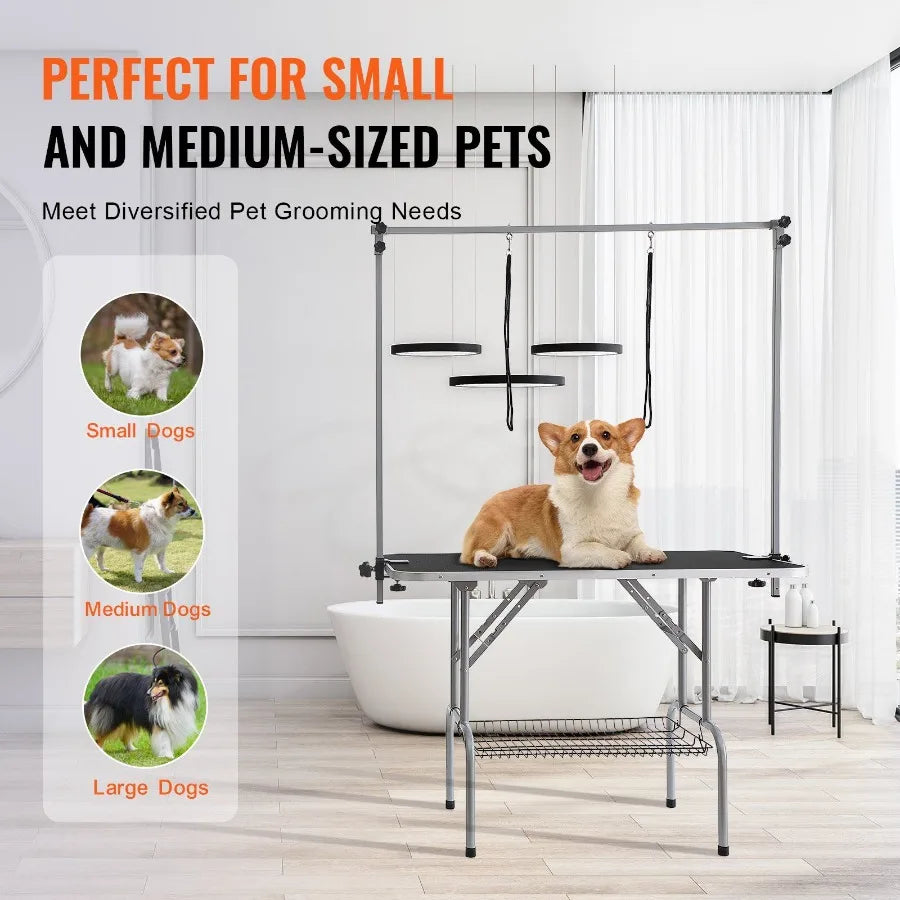 Pet Grooming Table Two Arms with Clamp 46'' Dog Grooming Station Foldable Pets Grooming Stand for Medium and Small Dogs Free N