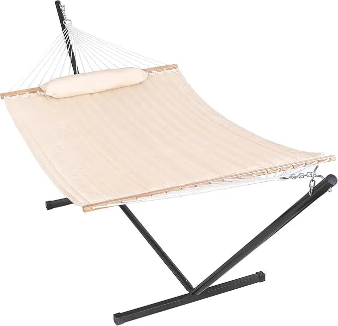 Quilted Fabric Hammock with 12 Feet Stand Double Hammock for Two People Outdoor Indoor Patio Garden - Jimmys Supplies