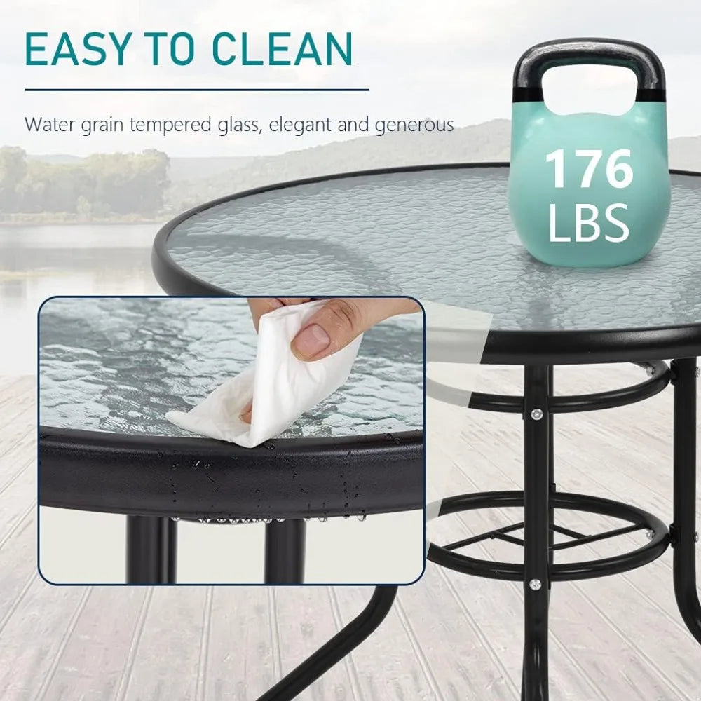 Round Outdoor Dining Table with Tempered Glass Top and Umbrella Hole for Patio, Lawn, and Balcony