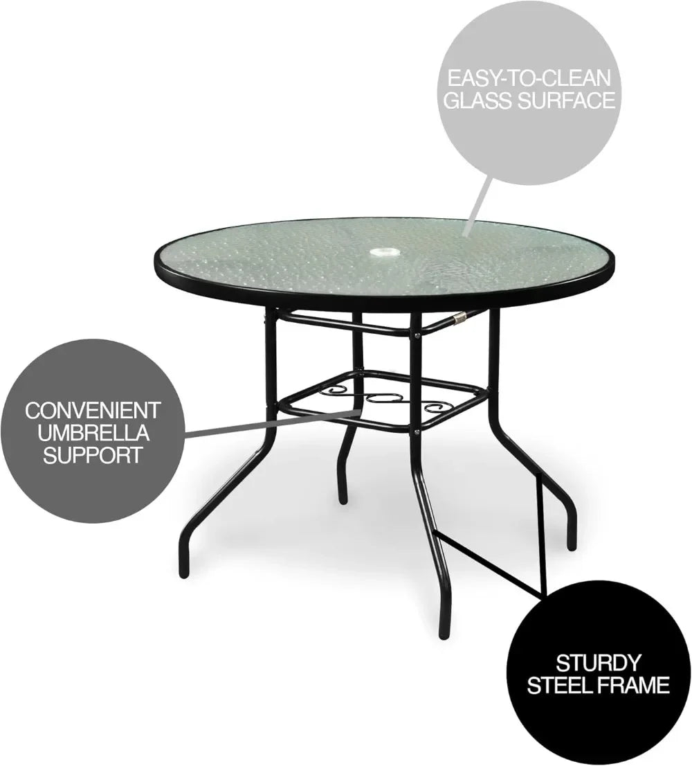 Garden Elements Outdoor Steel Dining Table Patio Furniture, Round Waterwave Glass Top, Black, 40" - Jimmys Supplies