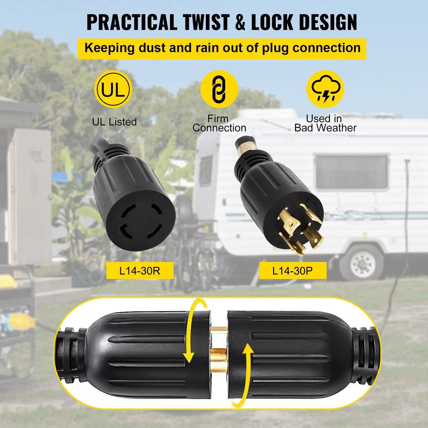 50ft 30A Generator Cord – 10-gauge, 125/250V with twist-lock connectors. Heavy-duty 4-wire power extension.