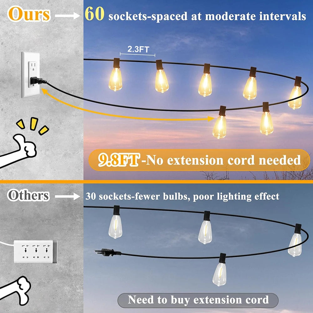 150FT LED Outdoor String Lights Waterproof Patio Lights Shatterproof Bulbs Dimmable Hanging Lights - Jimmys Supplies